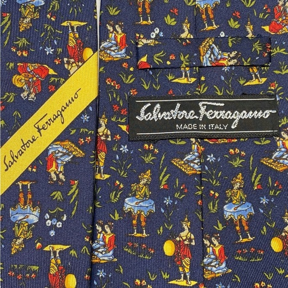 Salvatore Ferragamo Neck Tie Asian Print Blue Silk - Picture 7 of 7